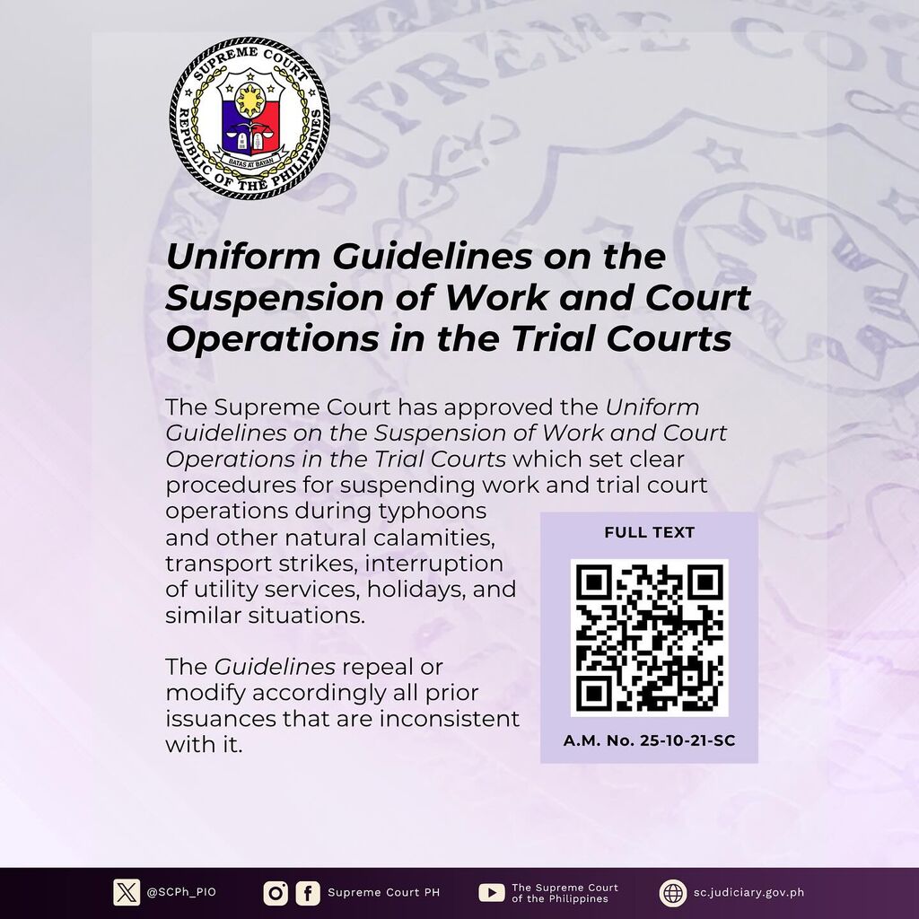 SC Approves Uniform Guidelines for Suspension of Work and Court Operations in Trial Courts