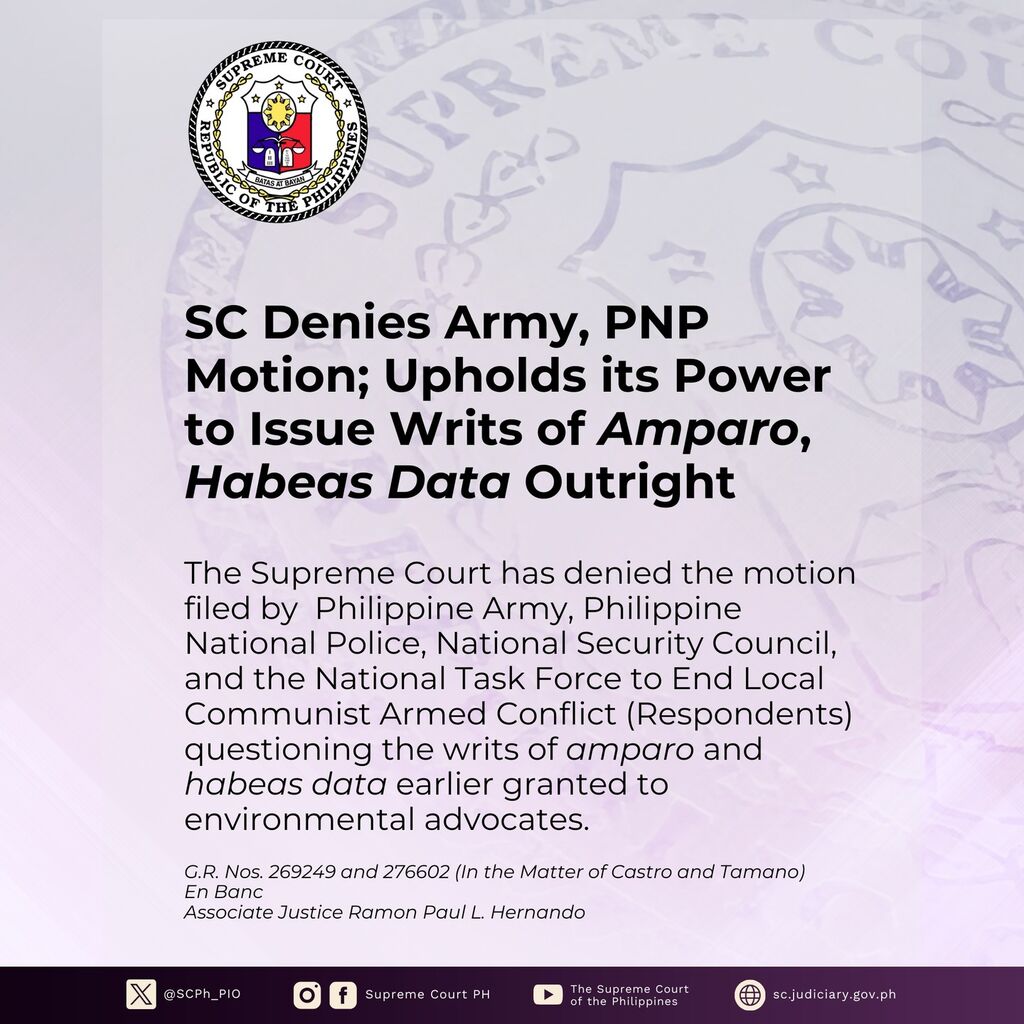 SC Denies Army, PNP Motion Challenging Writ of Amparo Granted to Environmental Advocates