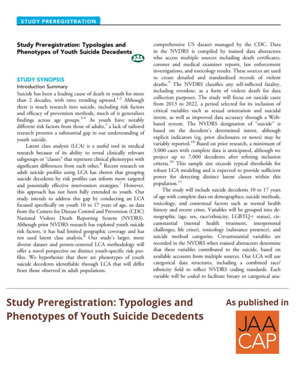 JAACAP 1225 Study Preregistration: Typologies and Phenotypes of Youth Suicide Decedents