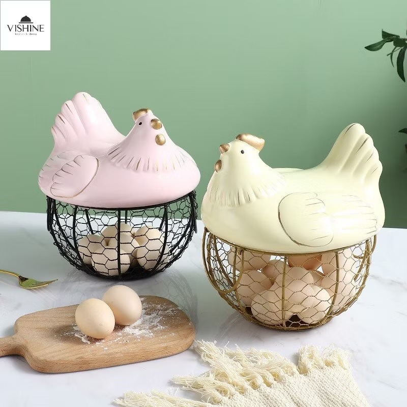 Metal Wire Egg Basket With Ceramic Farm Chicken Cover Fruit Basket