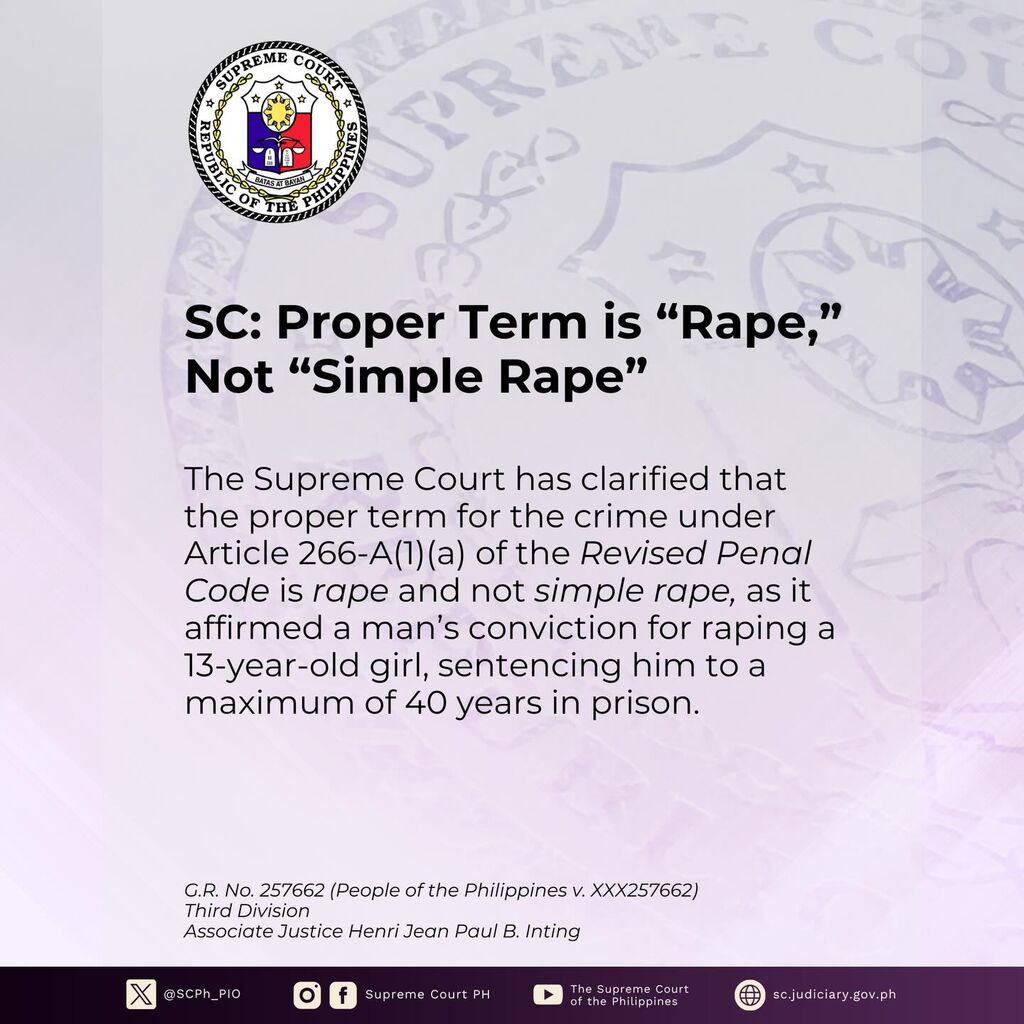 SC Clarifies Proper Term is &ldquo;Rape,&rdquo; Not &ldquo;Simple Rape&rdquo;