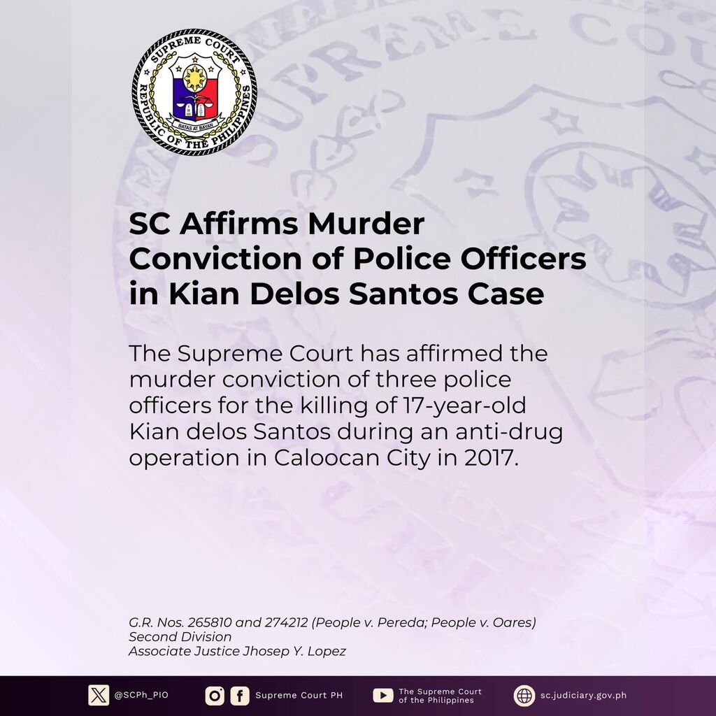 SC Affirms Murder Conviction of Police Officers in Kian Delos Santos Case