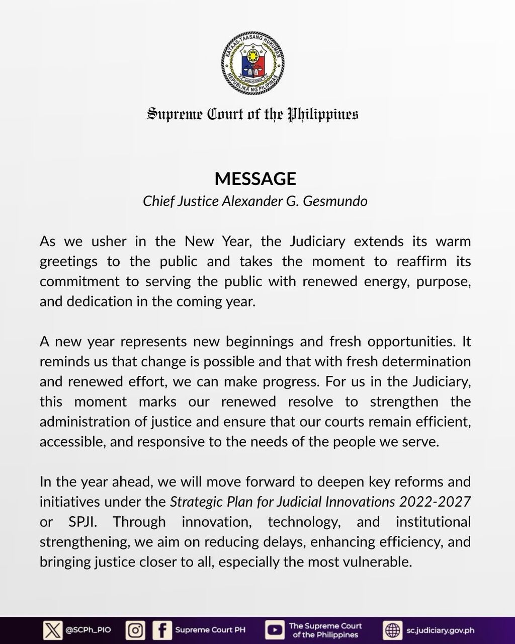 New Year Message of Chief Justice Alexander G. Gesmundo
