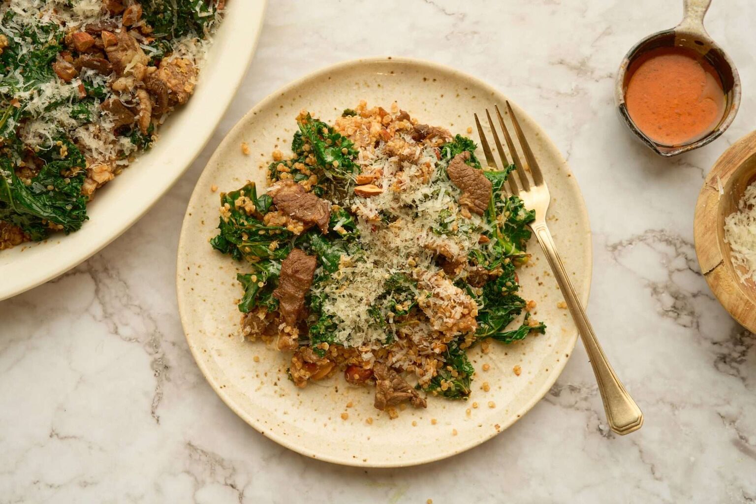 Warm Kale Salad with Quinoa and Spiced Lamb&nbsp;