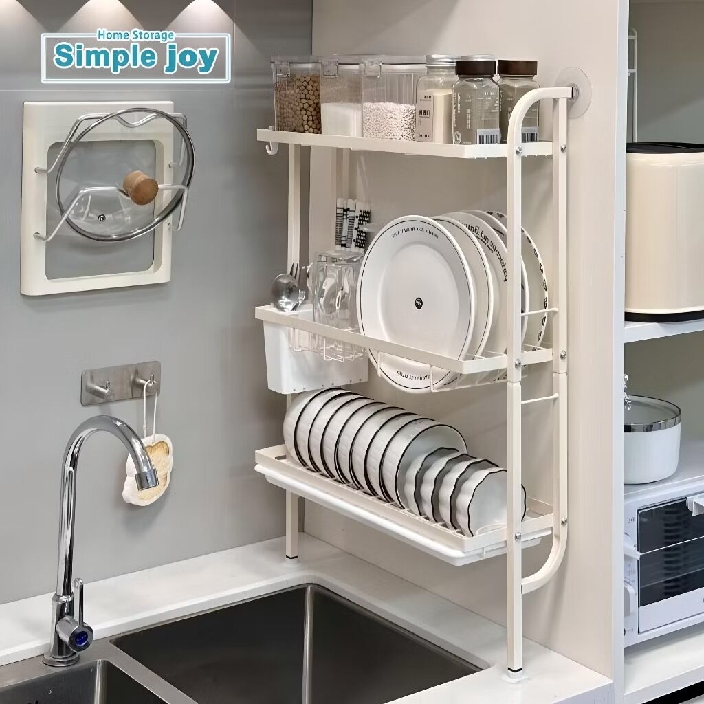 SimpleJoy Wall Dish Rack with Drained Black Sink Side Rack 3 Tiers Dish Drying Rack Kitchen Organizer 