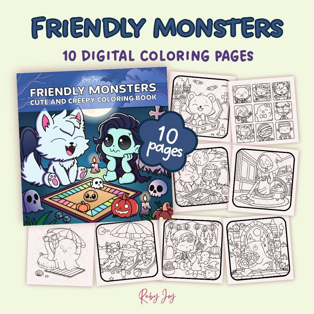 Friendly Monsters: Cute and Creepy Coloring 10 Pages