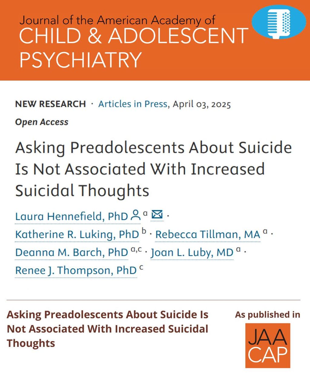 JAACAP 0126 Asking Preadolescents About Suicide
