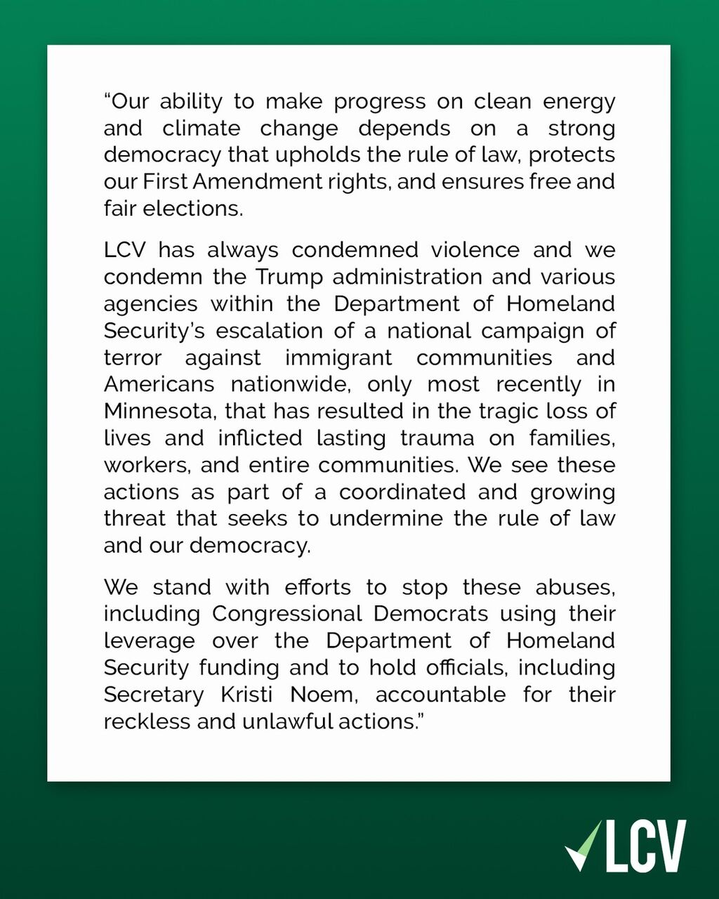 LCV Statement on Accountability for DHS
