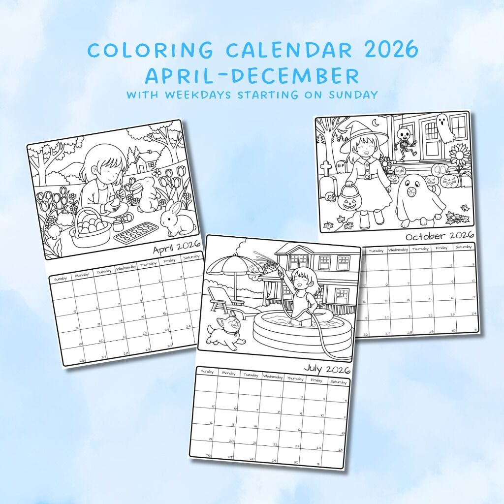 Coloring Calendar 2026 April - December with weekdays starting on Sunday