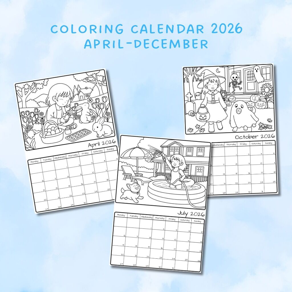 Coloring Calendar April - December 2026 with weekdays starting on Monday