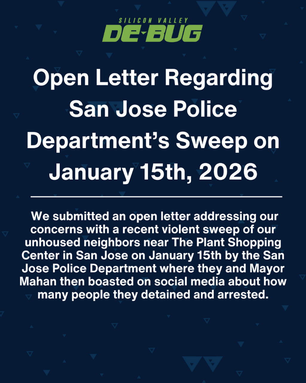 Open Letter Regarding San Jose Police Department&rsquo;s Sweep on January 15th, 2026