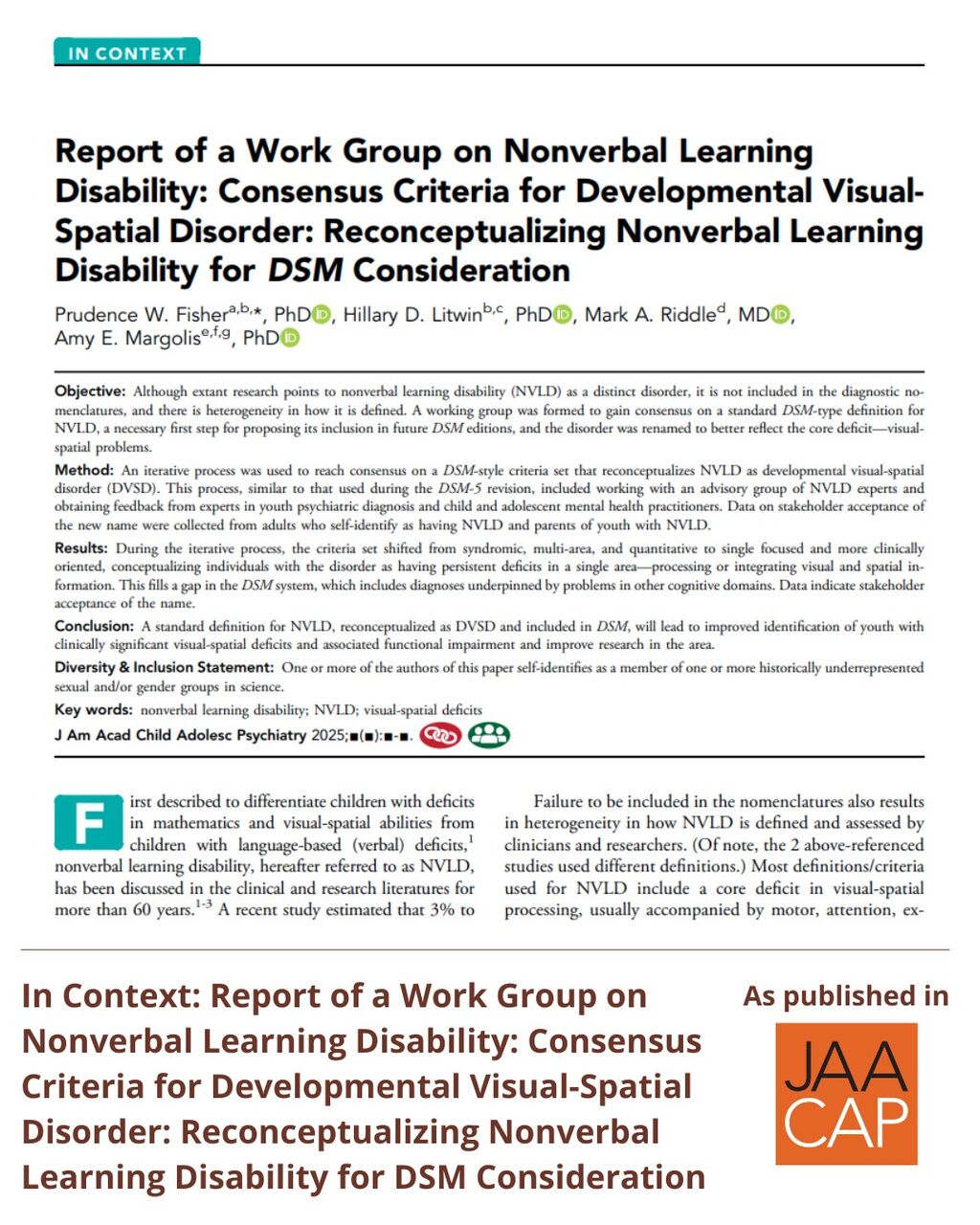 JAACAP 0825 Report of a Work Group on Nonverbal Learning Disability