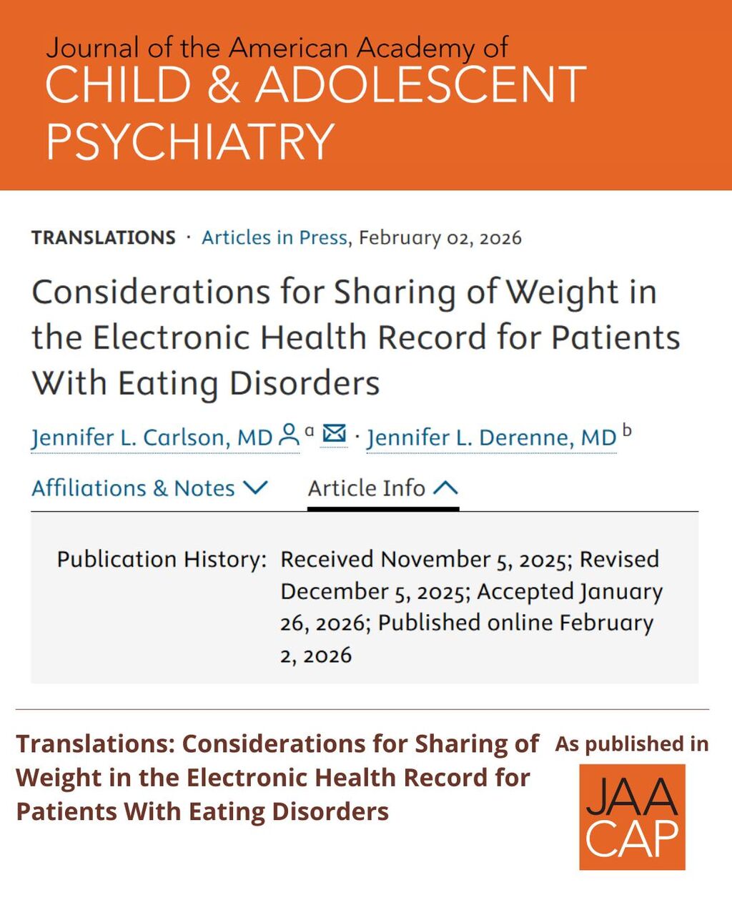 JAACAP AIP Considerations for Sharing of Weight in the Electronic Health Record for Patients With Eating Disorders