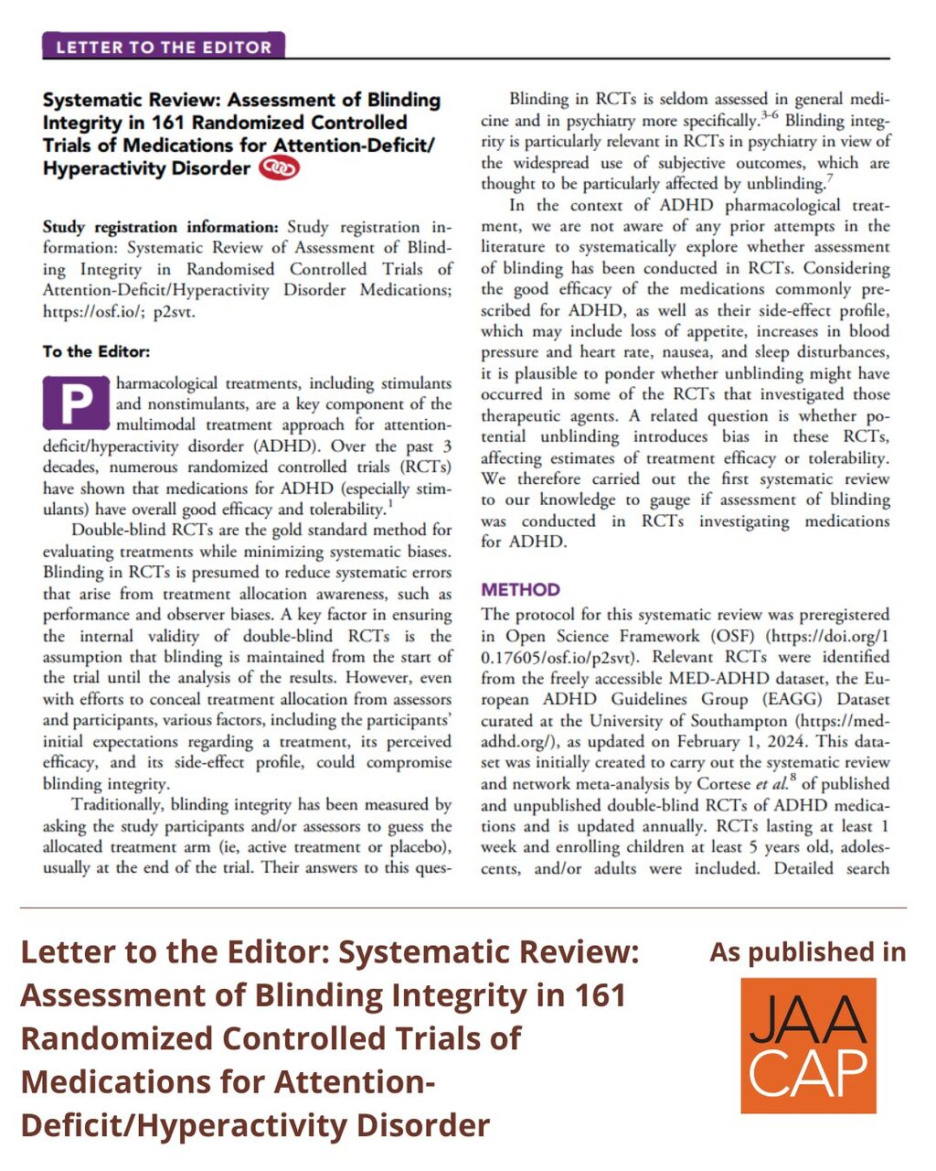 JAACAP 0825 Systematic Review: Assessment of Blinding Integrity