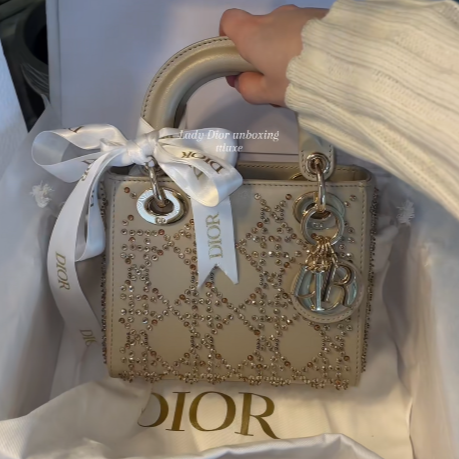 Premium * Lady Dior beige crystal embellished beads small bag  - use my discount tanya010