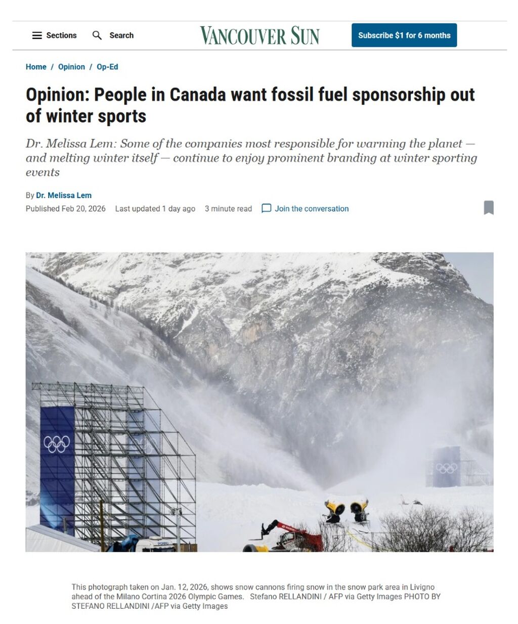 Vancouver Sun Op-Ed: People in Canada want fossil fuel sponsorship out of winter sports