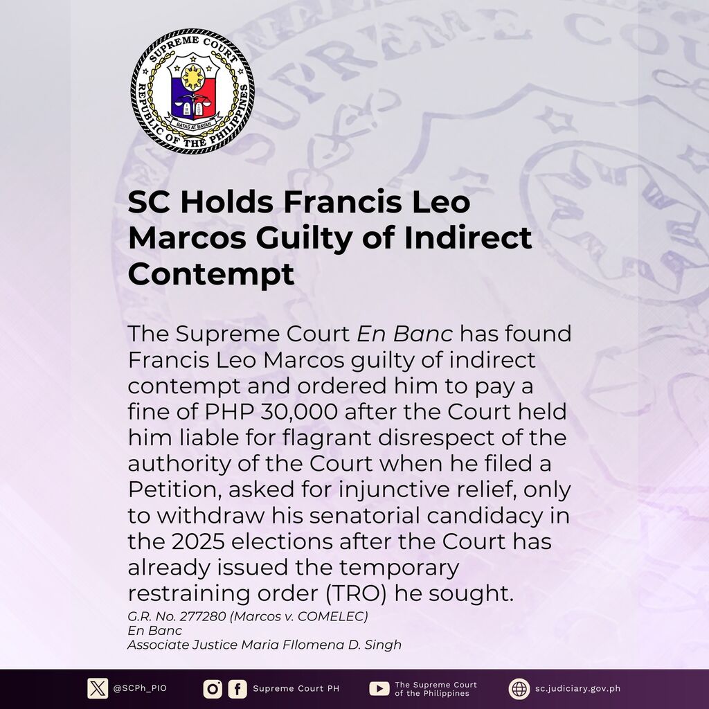 SC Finds Francis Leo Marcos Guilty of Indirect Contempt