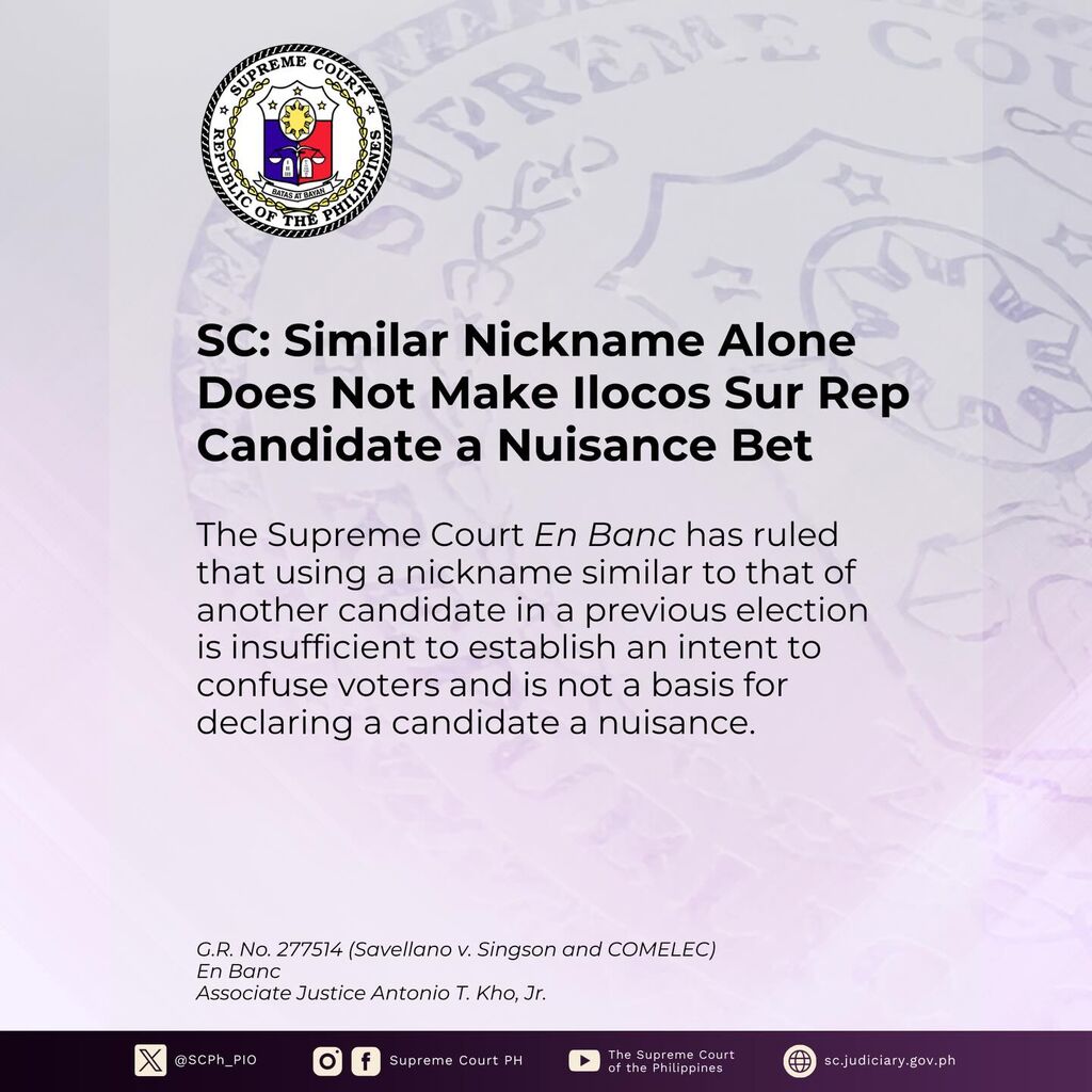 SC: Similar Nickname Alone Does Not Make Ilocos Sur Rep Candidate a Nuisance Bet