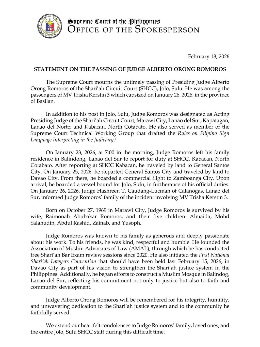 Statement of the Supreme Court of the Philippines on the Passing of Judge Alberto Orong Romoros