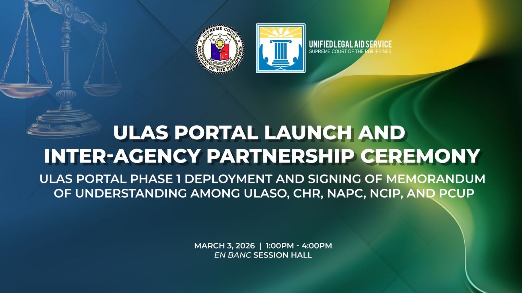 SC to Launch Initial Phase of Unified Legal Aid Service Portal, Sign Memorandum of Understanding with NAPC, CHR, NCIP, and PCUP
