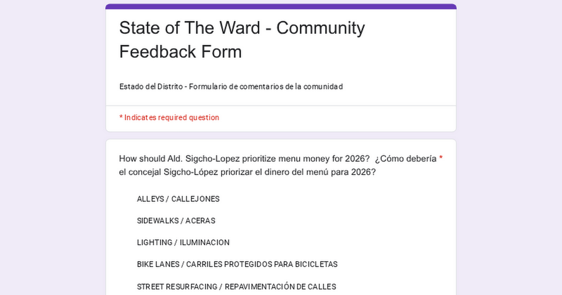 State of The Ward - Community  Feedback Form | Estado del Distrito - Formulario de comentarios de la comunidad