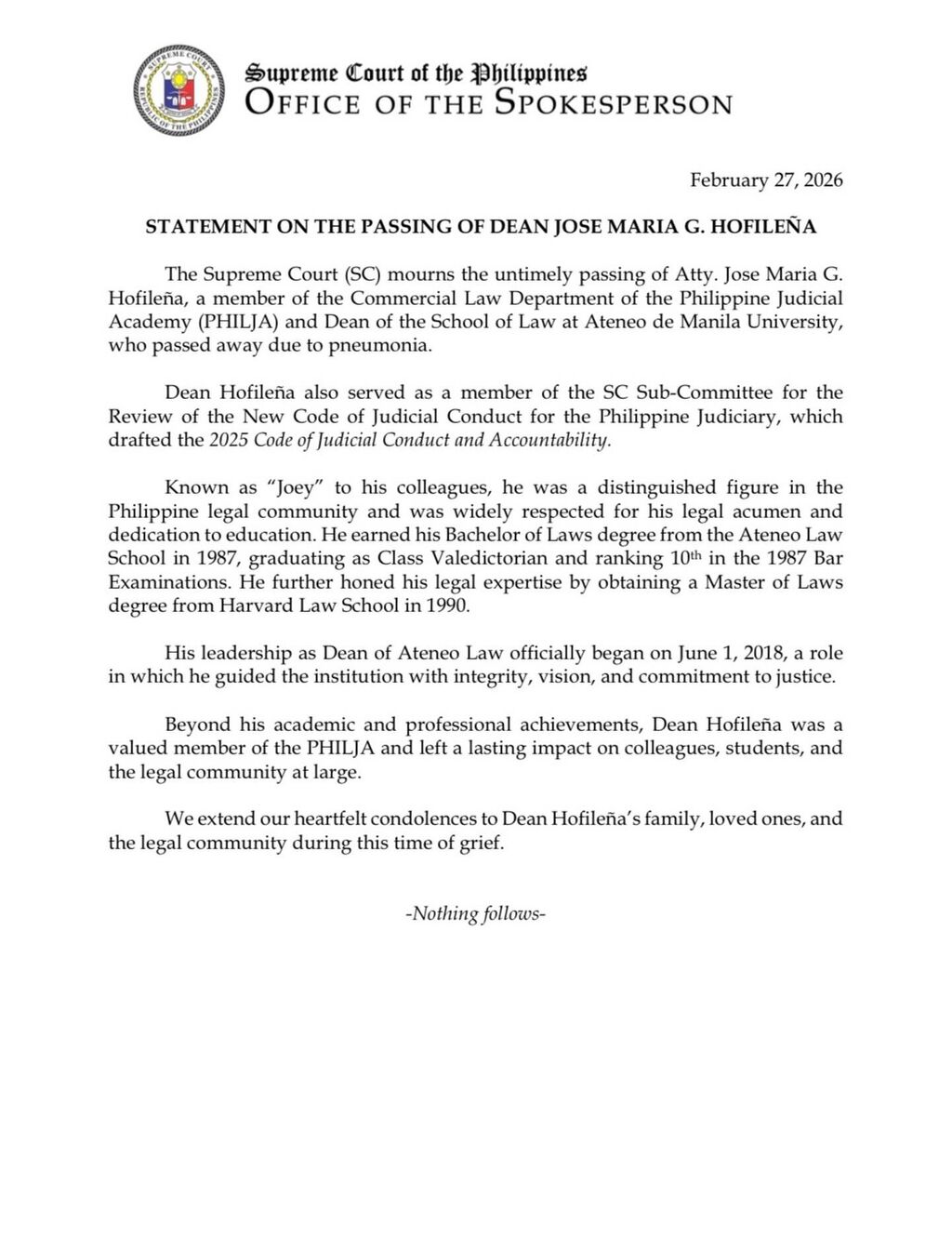 Statement of the Supreme Court of the Philippines on the passing of Dean Jose Maria G. Hofile&ntilde;a