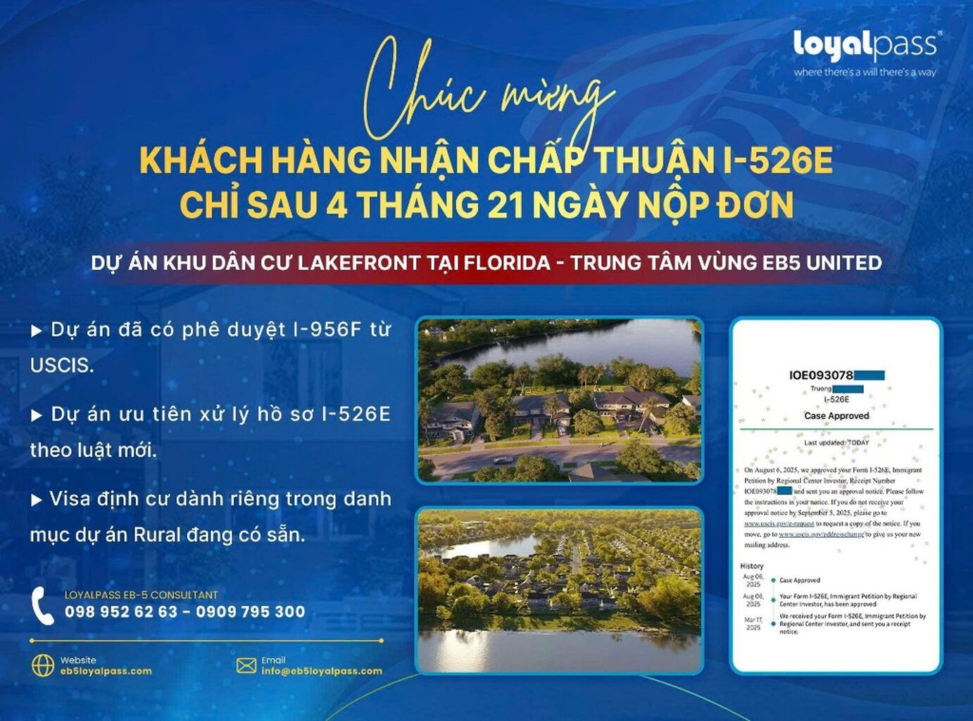 Ch&uacute;c mừng kh&aacute;ch h&agrave;ng nhận được chấp thuận I-526E chỉ sau gần 5 th&aacute;ng nộp đơn - Dự &aacute;n Khu d&acirc;n cư Lakefront tại Florida - Trung t&acirc;m v&ugrave;ng EB5 United