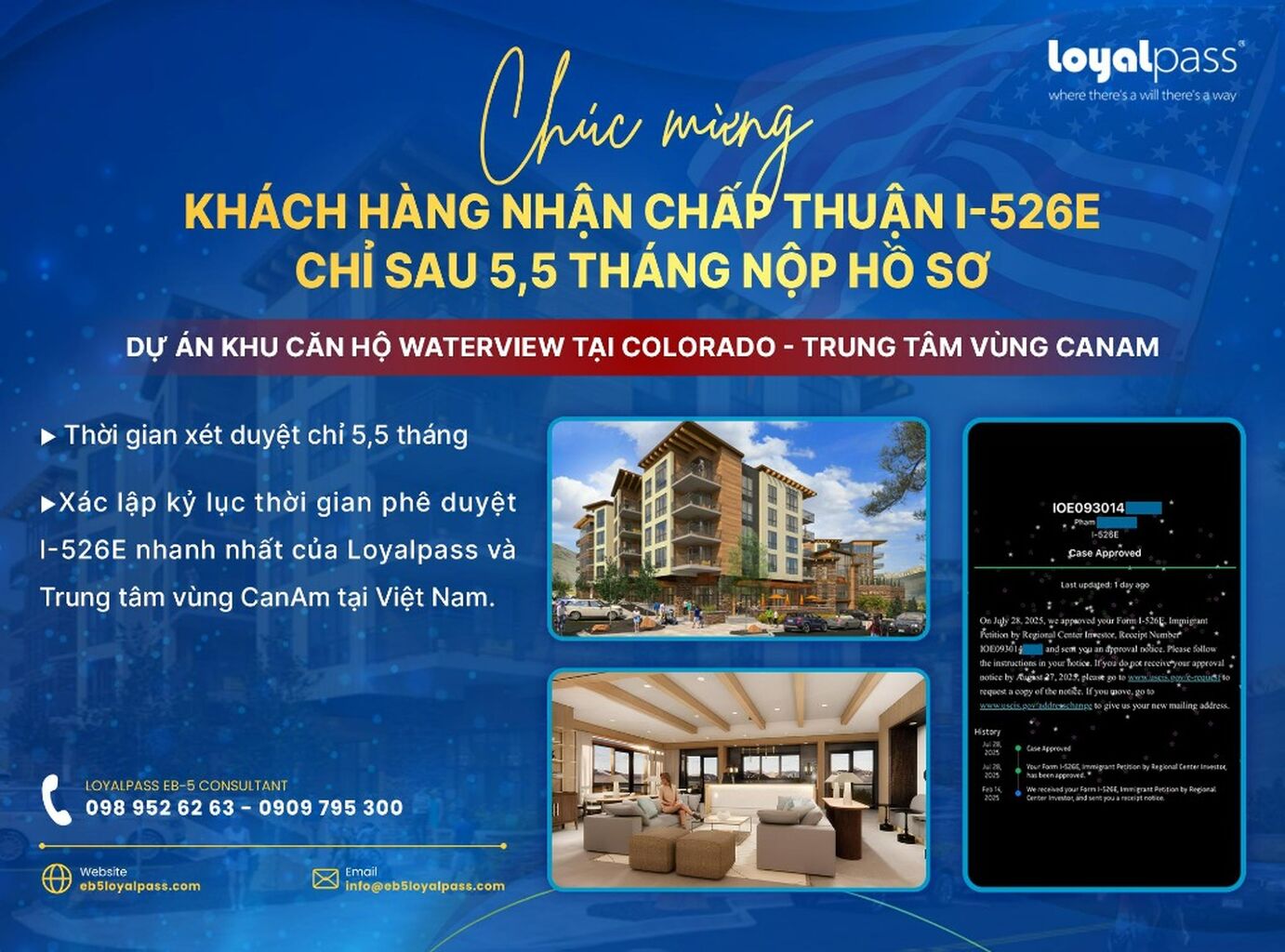 Ch&uacute;c mừng Kh&aacute;ch h&agrave;ng nhận chấp thuận I-526E chỉ sau 5,5 th&aacute;ng nộp hồ sơ - Dự &aacute;n ưu ti&ecirc;n Khu căn hộ Waterview tại Colorado - Trung t&acirc;m v&ugrave;ng CanAm ️