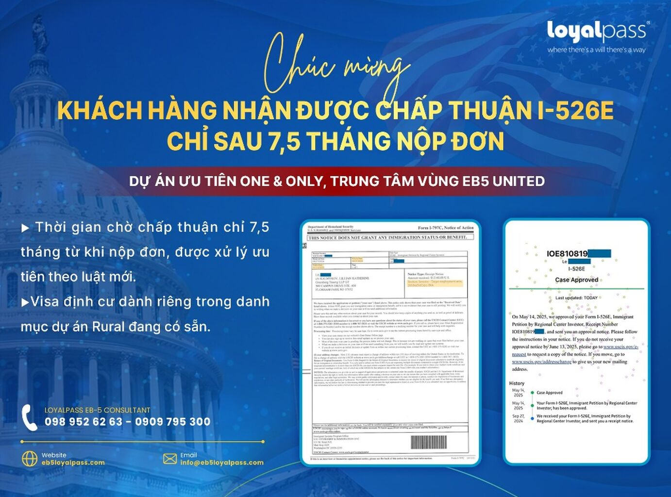 Ch&uacute;c mừng kh&aacute;ch h&agrave;ng nhận được chấp thuận I-526E chỉ sau 7,5 th&aacute;ng nộp đơn - Dự &aacute;n ưu ti&ecirc;n One & Only, Trung t&acirc;m v&ugrave;ng EB5 United