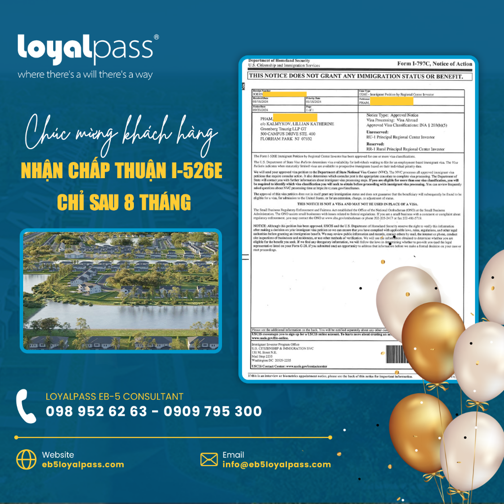 Kh&aacute;ch h&agrave;ng nhận chấp thuận I-526E chỉ sau 8 th&aacute;ng nộp đơn - Dự &aacute;n Lakefront Estates & Villas