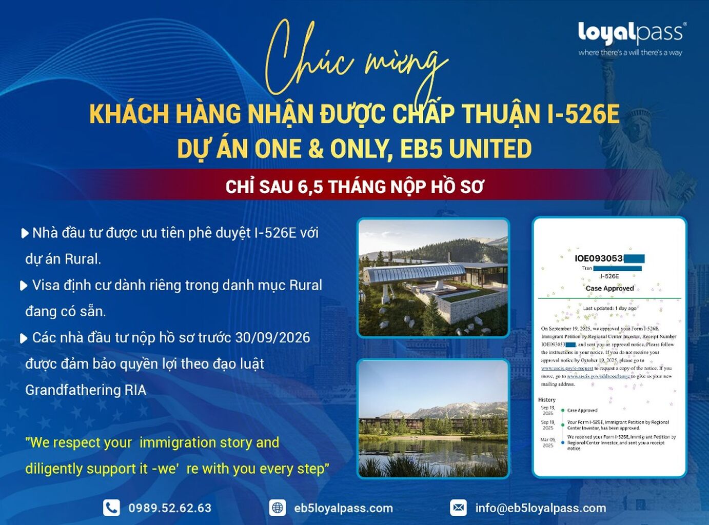 Ch&uacute;c mừng kh&aacute;ch h&agrave;ng nhận chấp thuận I-526E chỉ sau 6,5 th&aacute;ng - Dự &aacute;n ưu ti&ecirc;n One & Only, EB5 United ️