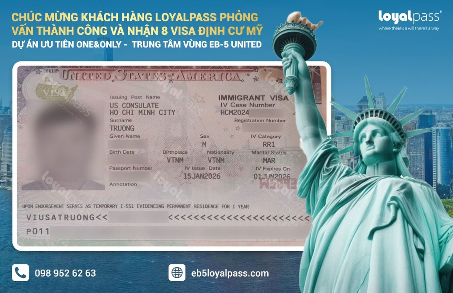 Ch&uacute;c mừng kh&aacute;ch h&agrave;ng Loyalpass phỏng vấn th&agrave;nh c&ocirc;ng v&agrave; nhận 8 visa định cư Mỹ trong dự &aacute;n One&Only (Rural) 