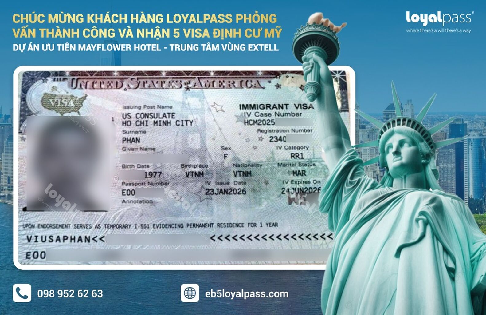 Ch&uacute;c mừng kh&aacute;ch h&agrave;ng Loyalpass Phỏng vấn th&agrave;nh c&ocirc;ng v&agrave; nhận 5 Visa định cư Mỹ trong dự &aacute;n ưu ti&ecirc;n Mayflower Hotel 