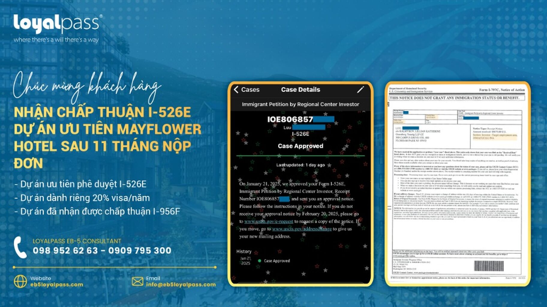 Ch&uacute;c mừng kh&aacute;ch h&agrave;ng nhận chấp thuận I-526E sau 11 th&aacute;ng nộp hồ sơ - Dự &aacute;n ưu ti&ecirc;n kh&aacute;ch sạn Mayflower tại bang Utah, Trung t&acirc;m v&ugrave;ng Extell
