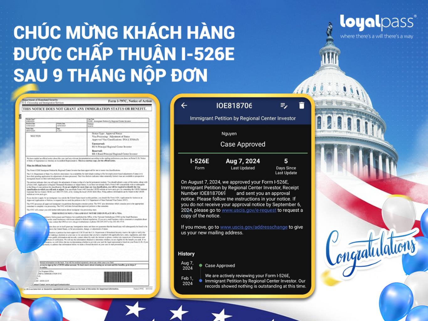 Ch&uacute;c mừng kh&aacute;ch h&agrave;ng nhận chấp thuận I-526E nhanh ch&oacute;ng sau 9 th&aacute;ng