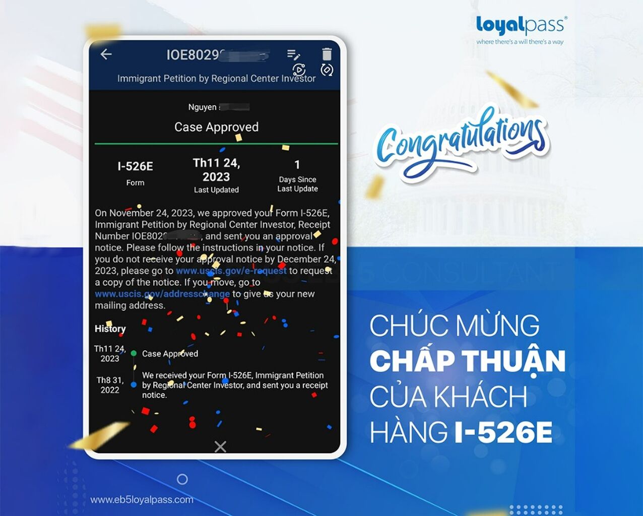 Ch&uacute;c mừng Qu&yacute; kh&aacute;ch h&agrave;ng được Sở Di tr&uacute; CHẤP THUẬN I-526E ng&agrave;y 24/11/2023