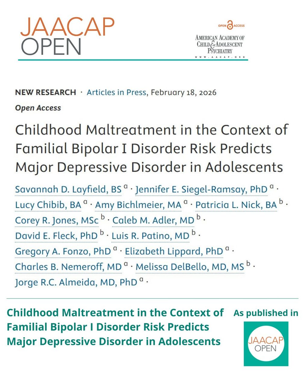 JO AIP Childhood Maltreatment in the Context of Familial Bipolar I Disorder Risk Predicts Major Depressive Disorder in Adolescents