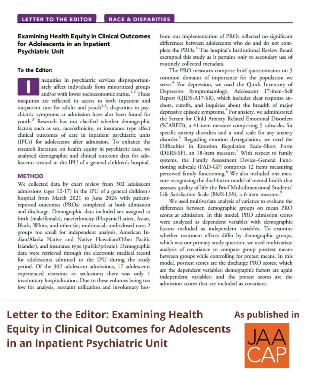 JAACAP 0925 Examining Health Equity in Clinical Outcomes for Adolescents in an Inpatient Psychiatric Unit