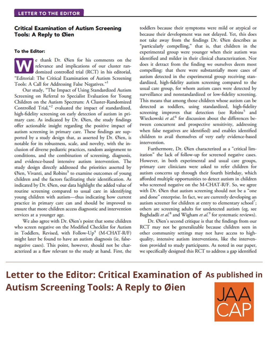 JAACAP 0625 Editorial: The Critical Examination of Autism Screening Tools: A Call for Addressing False Negatives