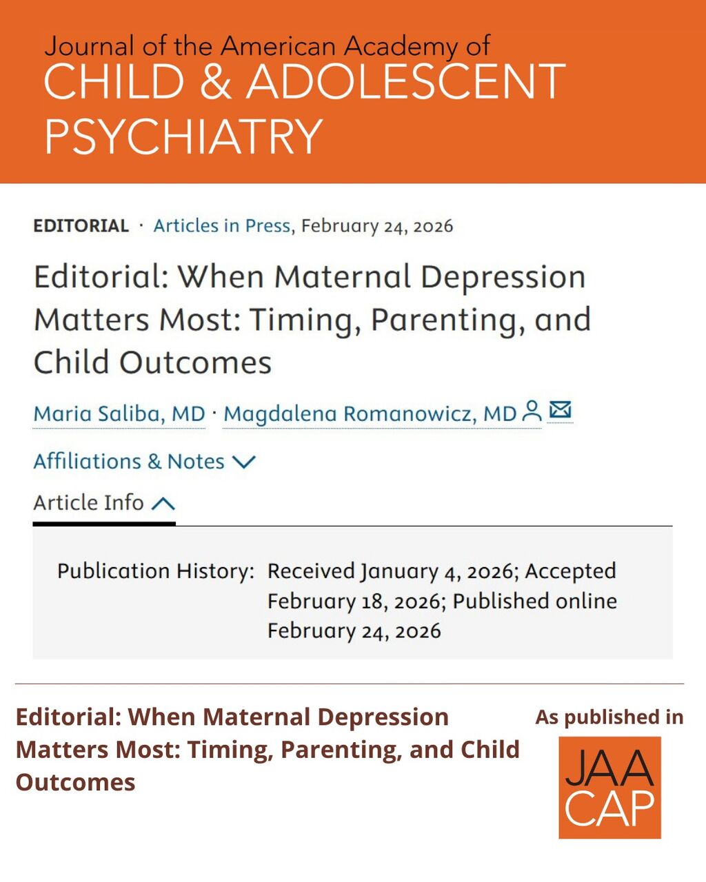 JAACAP AIP Editorial: When Maternal Depression Matters Most: Timing, Parenting, and Child Outcomes