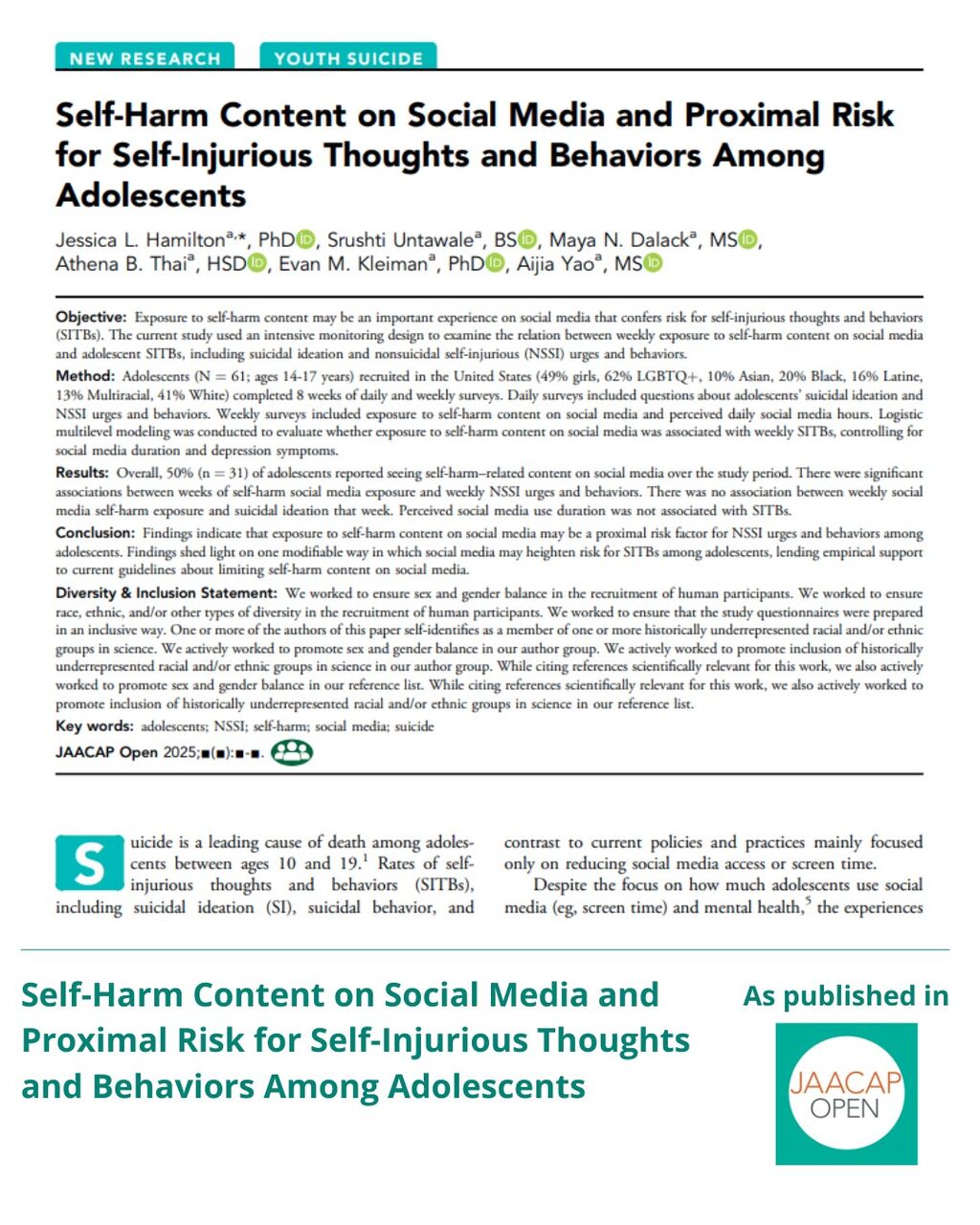 JO 0925 Self-Harm Content on Social Media and Proximal Risk for Self-Injurious Thoughts and Behaviors Among Adolescents