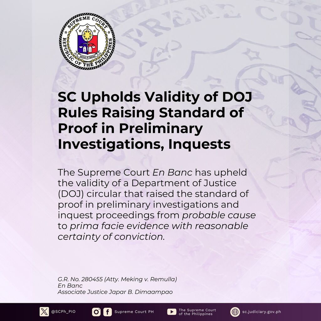SC Upholds Validity of DOJ Rules Raising Standard of Proof in Preliminary Investigations, Inquests