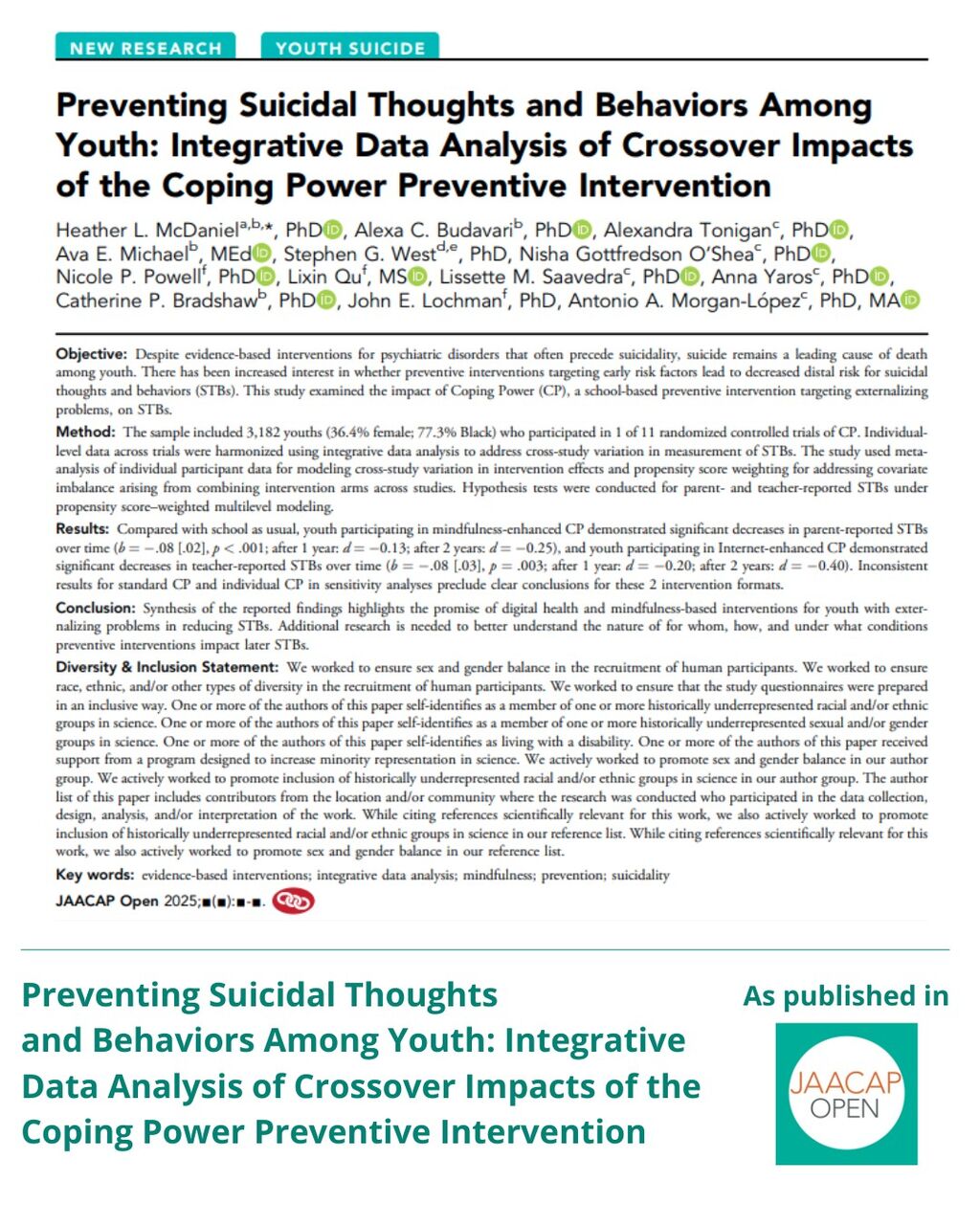 JO 0925 Preventing Suicidal Thoughts and Behaviors Among Youth: Integrative Data Analysis of Crossover Impacts of the Coping Power Preventive Intervention