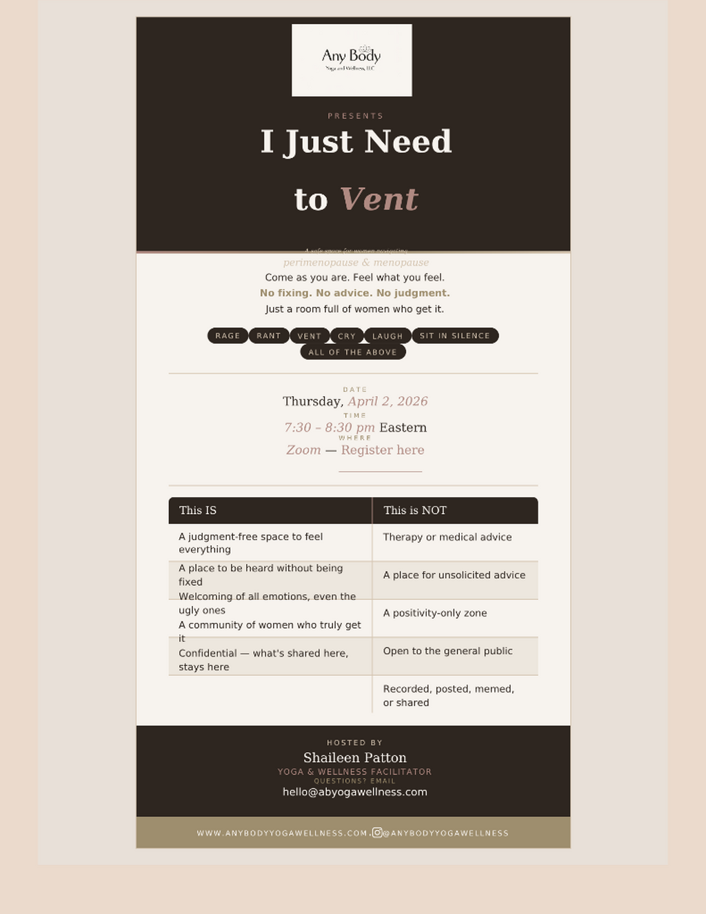 Any Body Yoga and Wellness Peri and menopause Vent Sesh