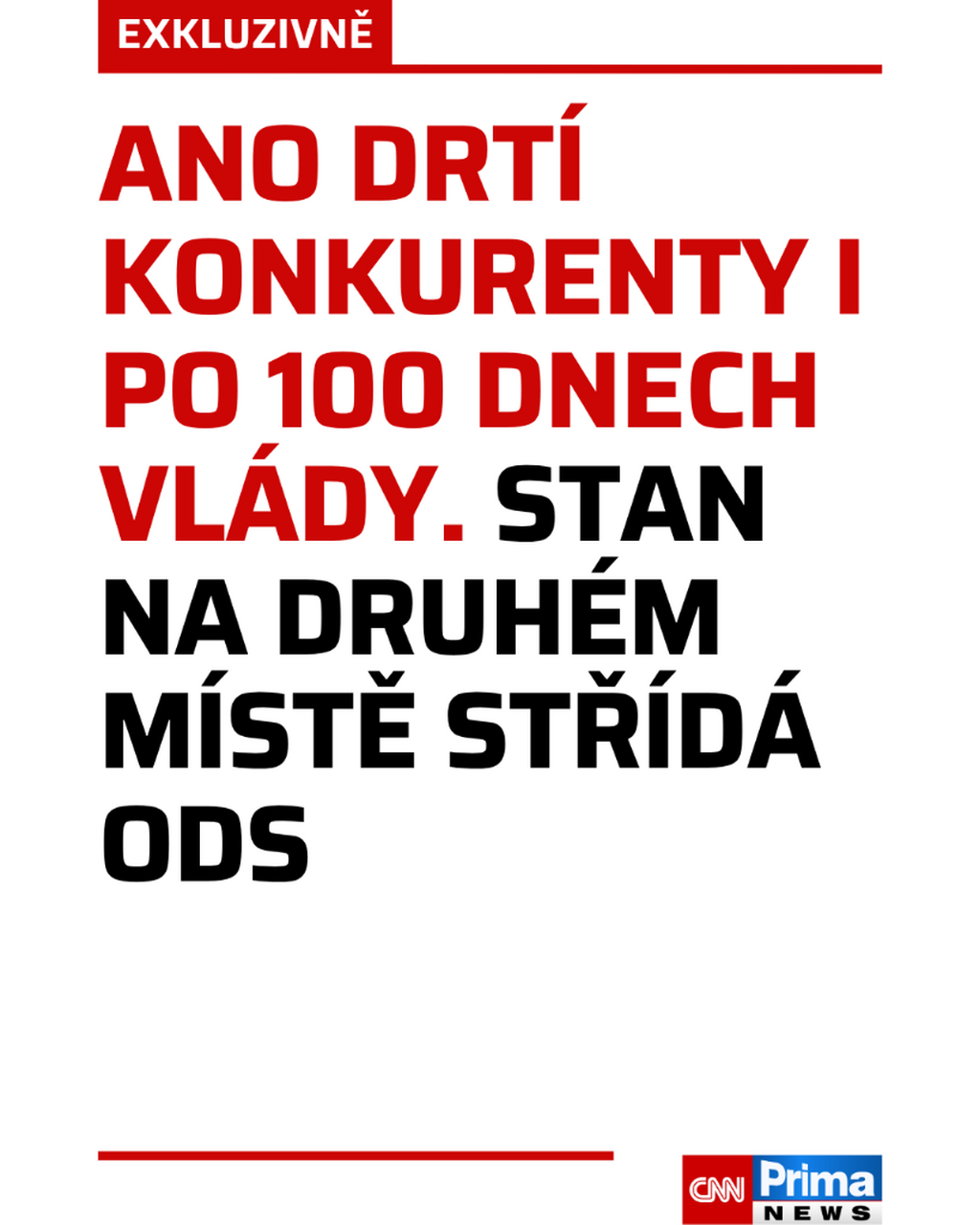 EXKLUZIVNĚ: ANO drt&iacute; konkurenty i po 100 dnech vl&aacute;dy. STAN na druh&eacute;m m&iacute;stě stř&iacute;d&aacute; ODS