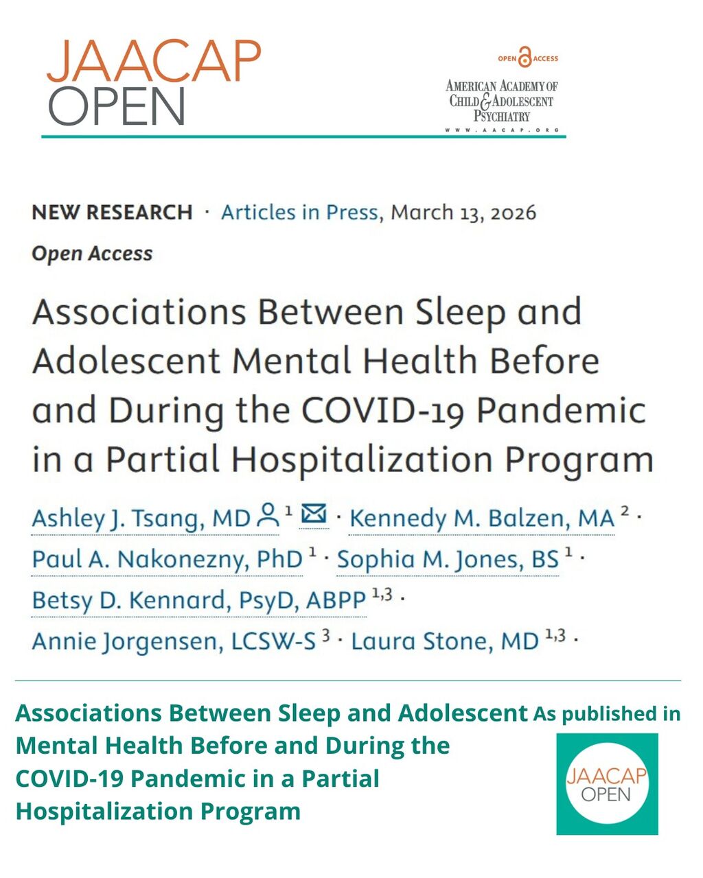 JO AIP Associations Between Sleep and Adolescent Mental Health Before and During the COVID-19 Pandemic in a Partial Hospitalization Program