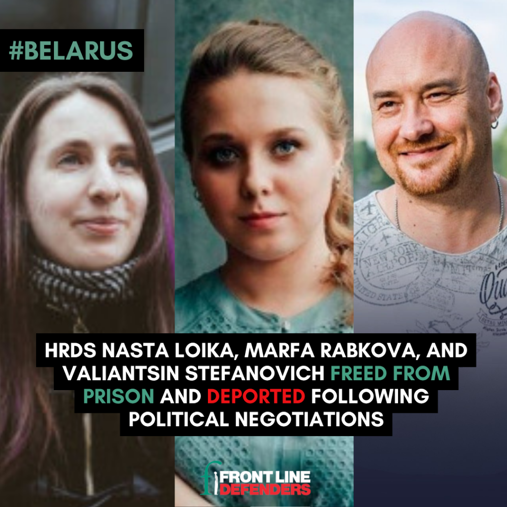 Belarusian human rights defenders Nasta Loika, Marfa Rabkova, and Valiantsin Stefanovich pardoned and deported to Lithuania