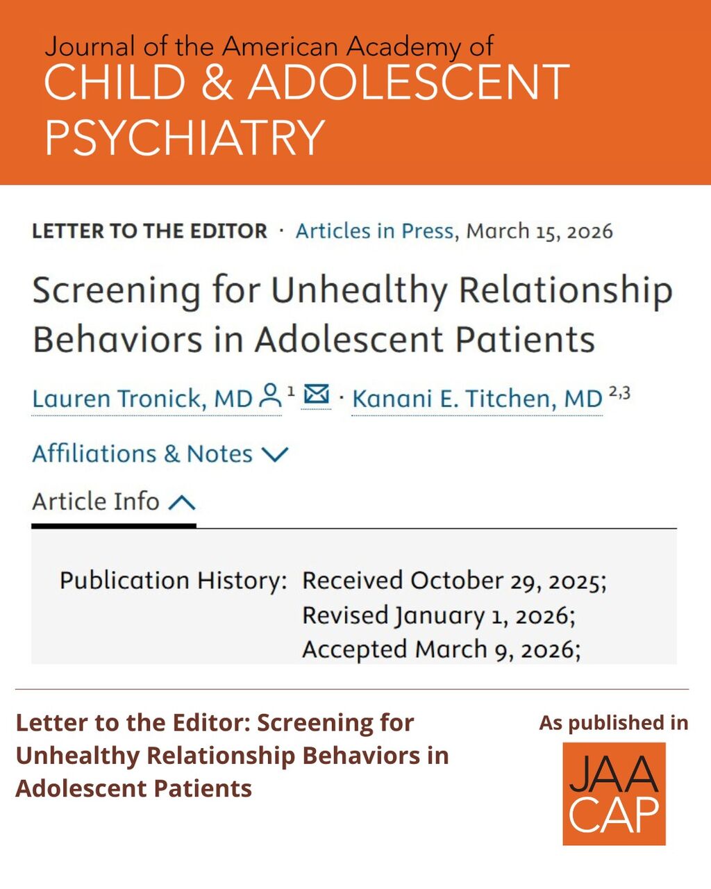 JAACAP AIP Letter to the Editor: Screening for Unhealthy Relationship Behaviors in Adolescent Patients