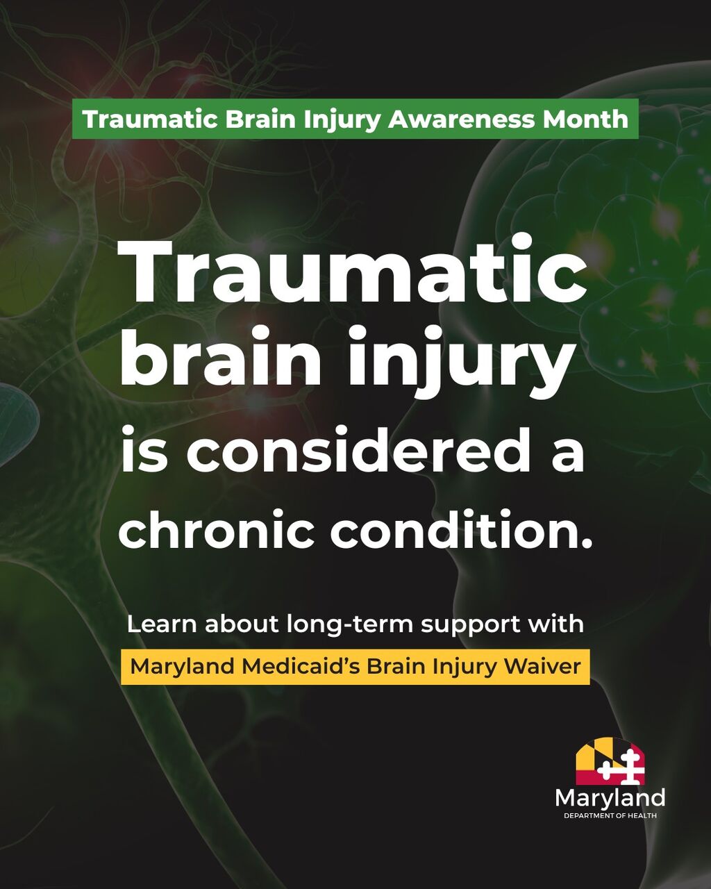 Thumbnail version of the Instagram graphic on Traumatic Brain Injury and Maryland Medicaid's Brain Injury Waiver. Click through to learn more.