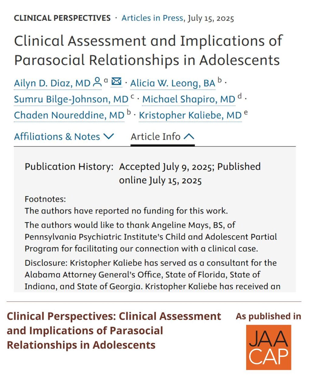 JAACAP 0326 Clinical Assessment and Implications of Parasocial Relationships in Adolescents